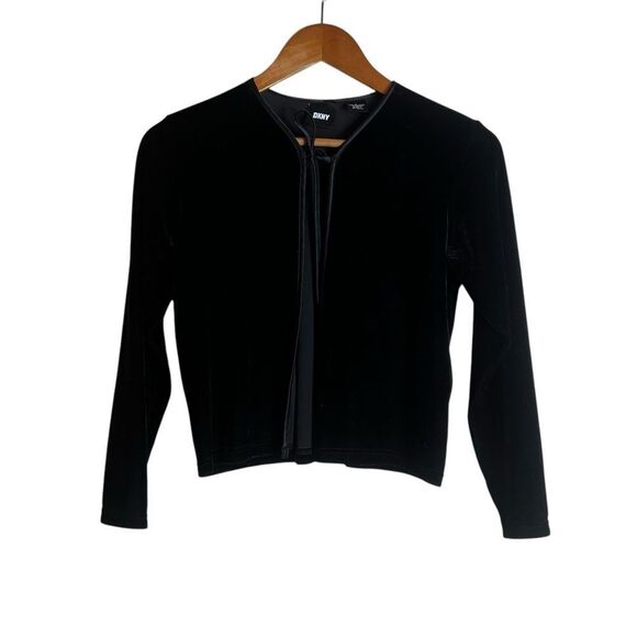 DKNY black velvet tie cardigan. Size medium - Picture 1 of 8